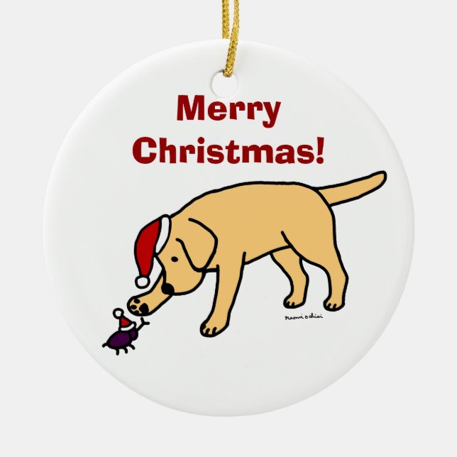 Personalised Yellow Lab Christmas Santa Hat Ceramic Tree Decoration (Front)