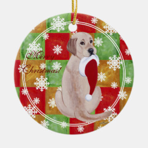 Personalised Yellow Lab Christmas Santa Hat Ceramic Tree Decoration