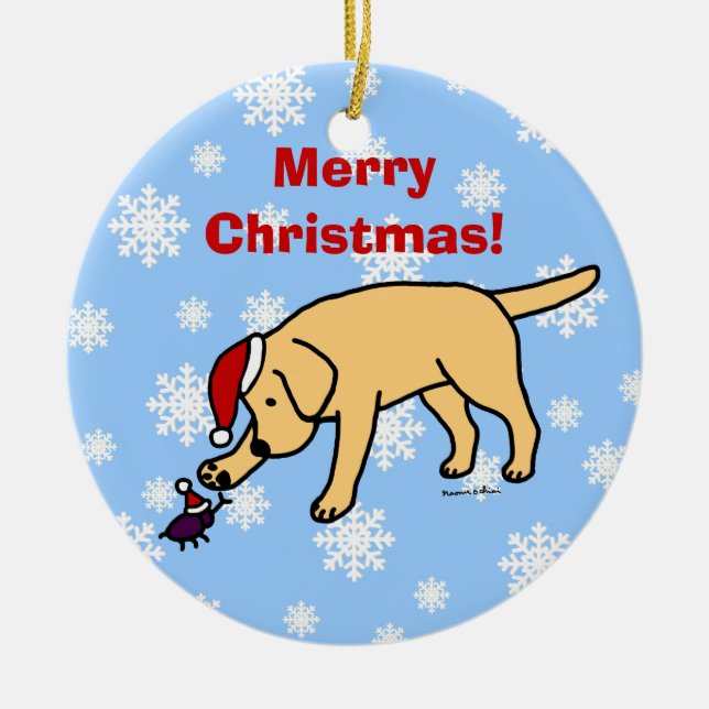 Personalised Yellow Lab Christmas Santa Hat Ceramic Tree Decoration (Front)