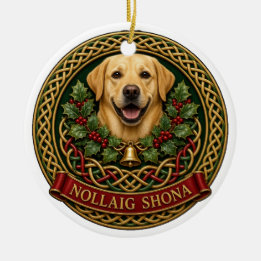 Personalised Yellow Lab Nollaig Shona Knot Ceramic Tree Decoration
