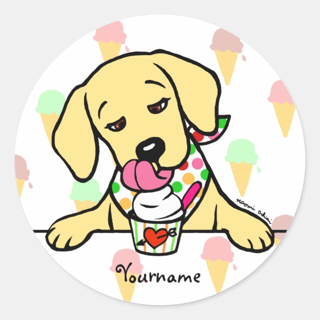 Personalised Yellow Lab Puppy Ice Cream Classic Round Sticker (Front)