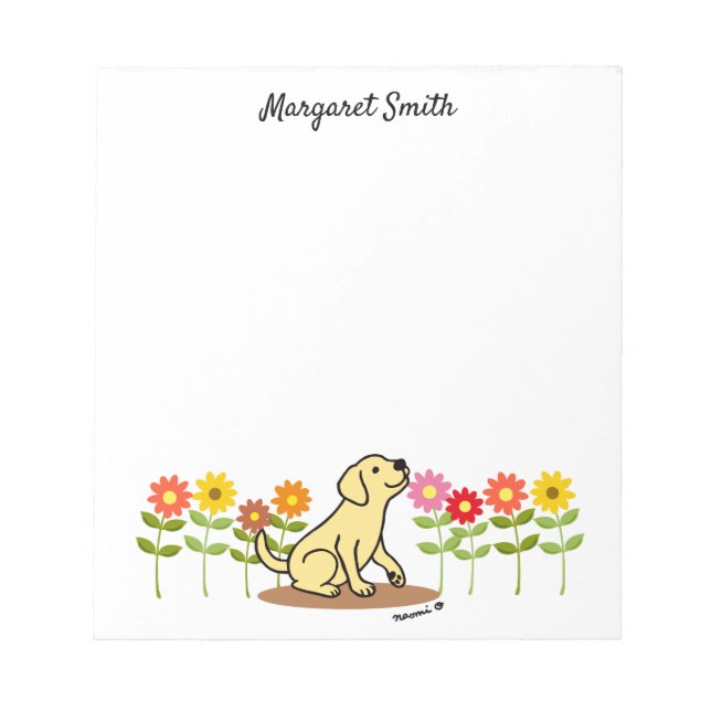 Personalised Yellow Labrador and Green and Flowers Notepad (Front)
