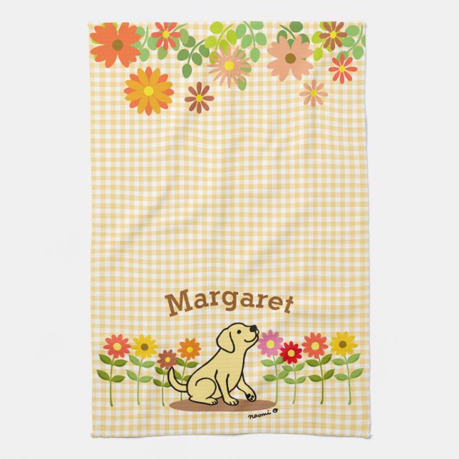 Personalised Yellow Labrador and Many Flowers Tea Towel (Vertical)