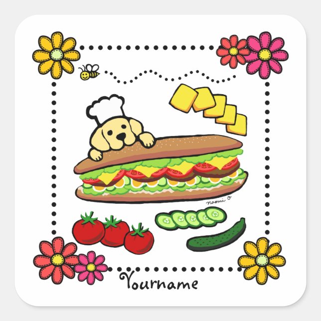 Personalised Yellow Labrador Bakery Cartoon Square Sticker (Front)