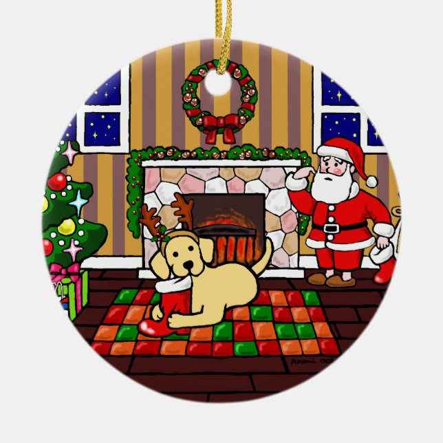 Personalised Yellow Labrador Christmas Cartoon Ceramic Tree Decoration (Front)