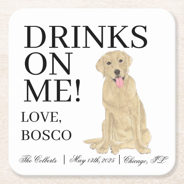 Personalised Yellow Labrador Dog Wedding Square Paper Coaster (Front)
