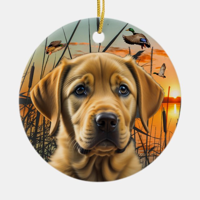 Personalised Yellow Labrador Puppy  Ceramic Tree Decoration (Front)