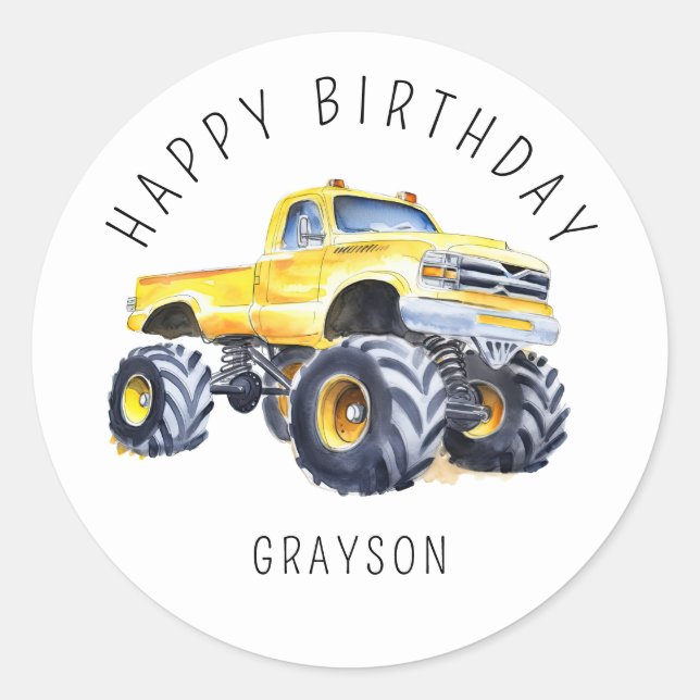 Personalised Yellow Monster Truck Birthday Gift Classic Round Sticker (Front)