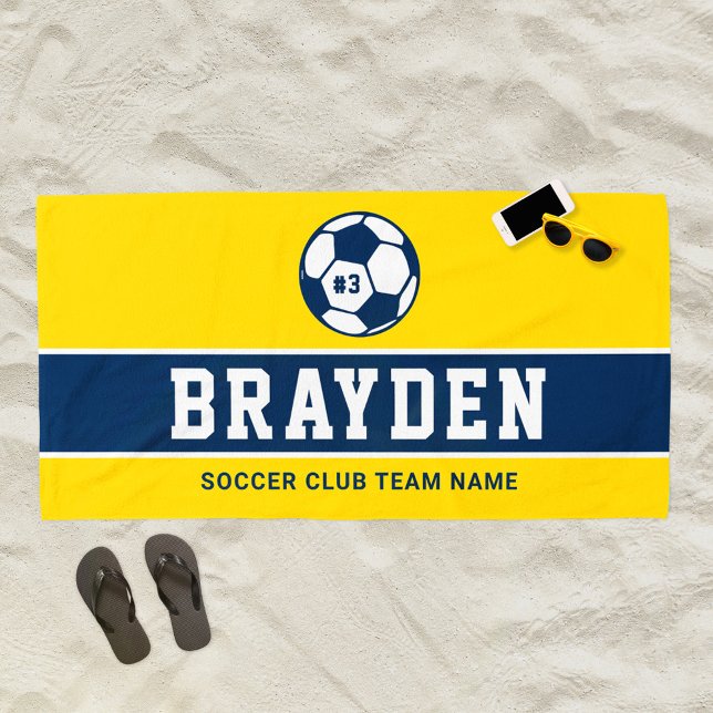Personalised Yellow Navy Blue Soccer Player Name Beach Towel (Creator Uploaded)
