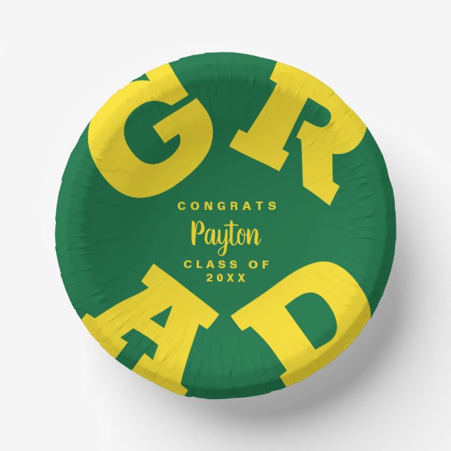 Personalised Yellow on Green Graduation Paper Plate (Front)
