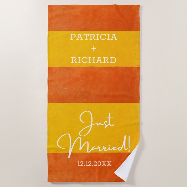 Personalised Yellow Orange Striped Just Married Beach Towel (Front)