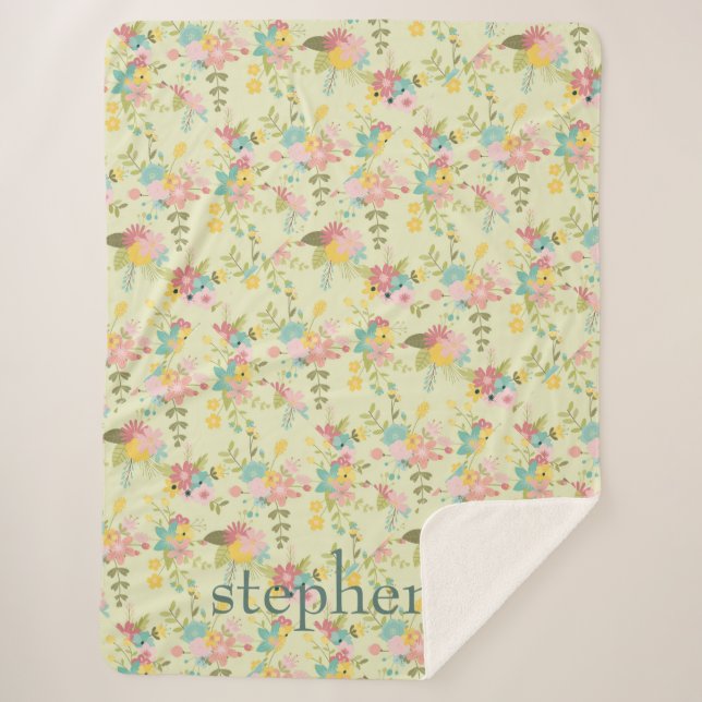 Personalised Yellow Pihk Green Florals Sherpa Blanket (Front)