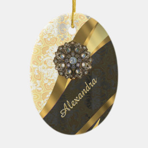Personalised yellow pretty girly damask pattern ceramic tree decoration