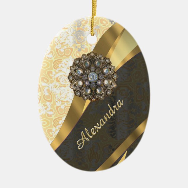 Personalised yellow pretty girly damask pattern ceramic tree decoration (Front)
