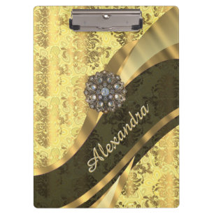 Personalised yellow pretty girly damask pattern clipboard