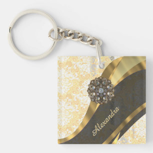 Personalised yellow pretty girly damask pattern key ring