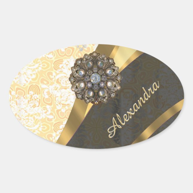 Personalised yellow pretty girly damask pattern oval sticker (Front)