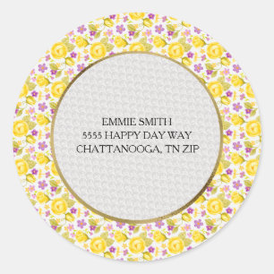 Personalised Yellow Purple Floral Return Address Classic Round Sticker