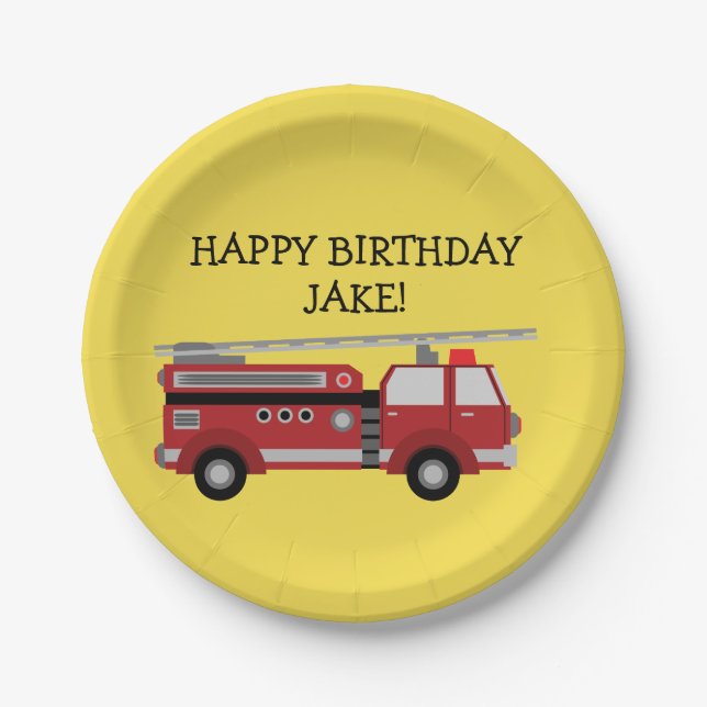 Personalised Yellow Red Firetruck Birthday Party Paper Plate (Front)