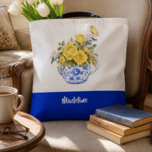 Personalised Yellow Rose Blue and White Teapot Tote Bag
