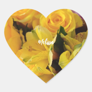 Personalised yellow roses romantic floral  heart sticker