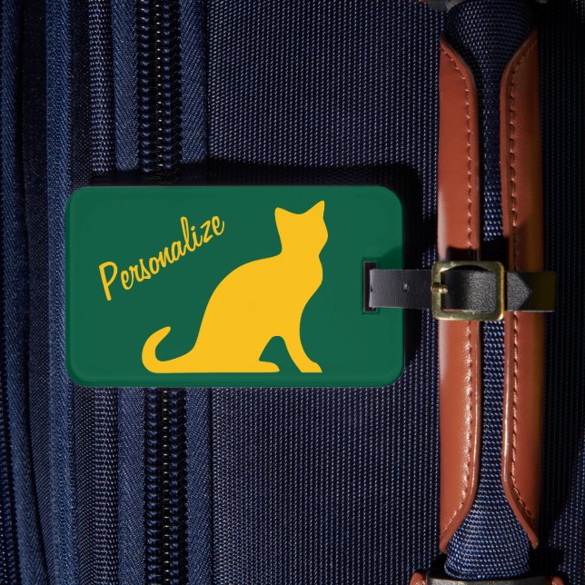 Personalised yellow sitting cat silhouette travel luggage tag (Front Insitu 4)