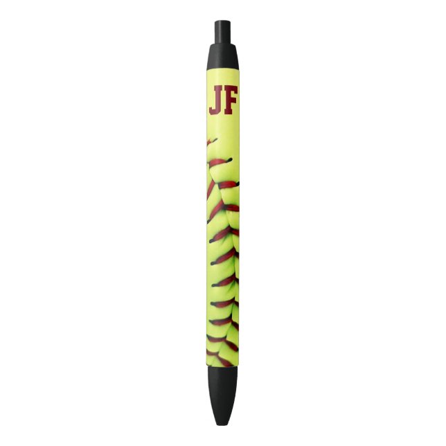 Personalised yellow softball ball black ink pen (Front Vertical)