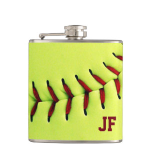 Personalised yellow softball ball hip flask