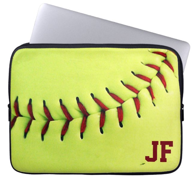 Personalised yellow softball ball laptop sleeve (Front)
