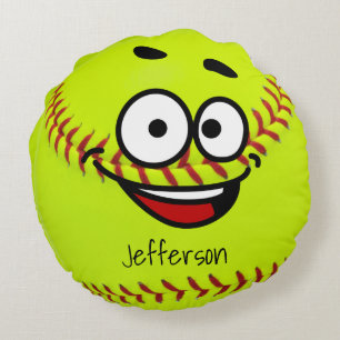 Personalised Yellow Softball funny face Round Cushion