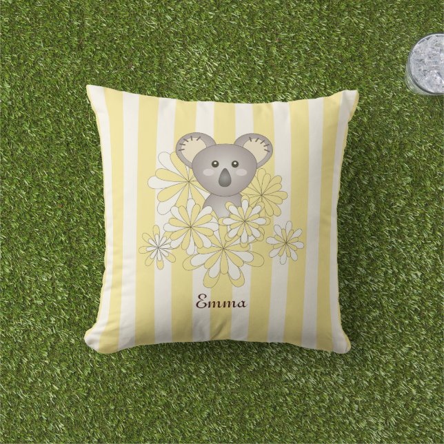 Personalised Yellow Stripe Baby Koala Bear Kids Cushion (Grass)