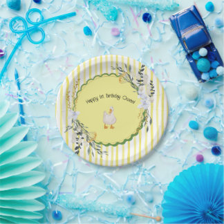 personalised yellow stripe duckling birthday plate