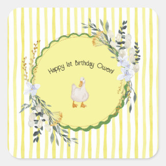 personalised yellow stripe duckling birthday plate square sticker