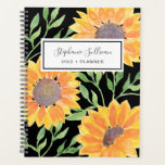 Personalised Yellow Sunflowers Black Planner<br><div class="desc">Enjoy planning your year with this bright sunny yellow sunflower pattern planner. The watercolor sunflowers and green leaves are on a black background. Easily customisable with your name and the year. Because we create our own artwork you won't find this exact image from other designers. Original Watercolor © Michele Davies....</div>