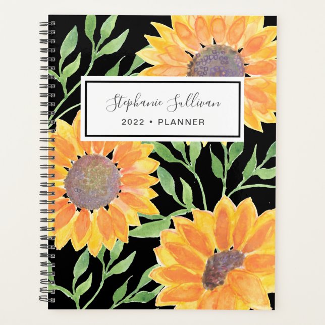 Personalised Yellow Sunflowers Black Planner (Front)