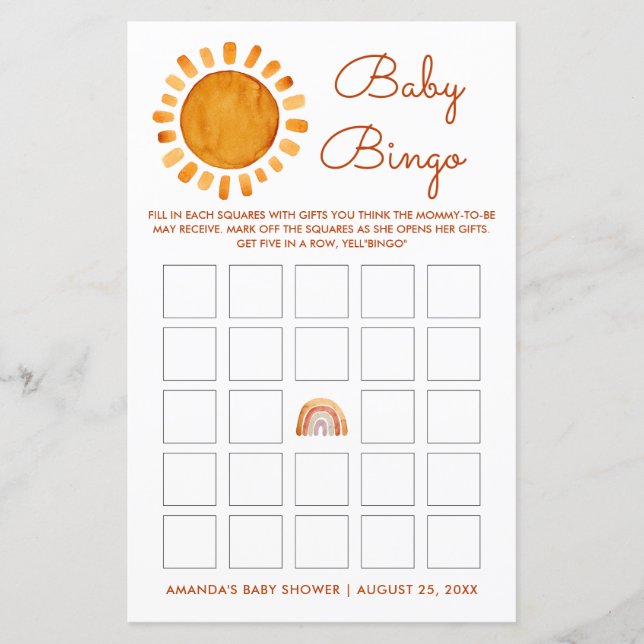 Personalised Yellow Sunshine Baby Bingo (Front)