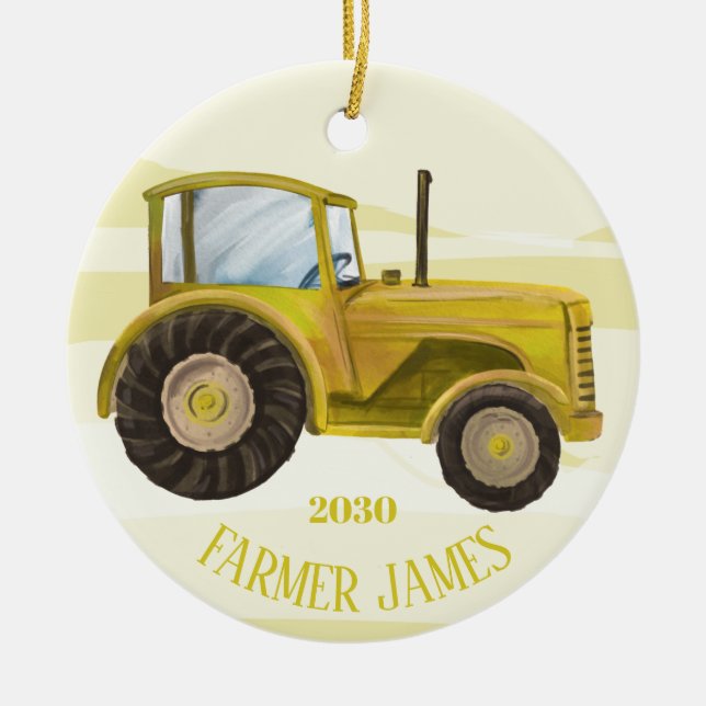 Personalised Yellow Tractor Christmas Ornament (Front)