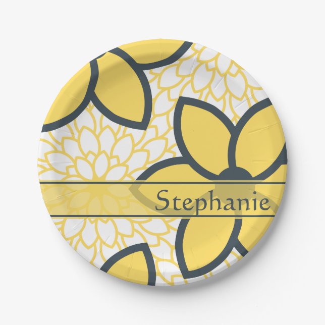 Personalised Yellow, White, Charcoal Modern Floral Paper Plate (Front)
