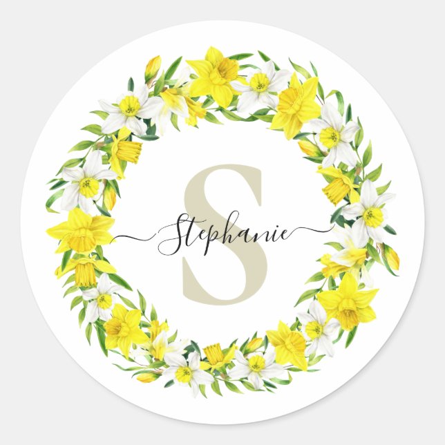 Personalised Yellow White Daffodil Garland Classic Round Sticker (Front)