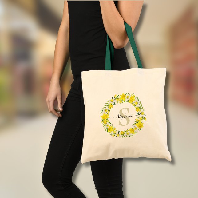 Personalised Yellow White Daffodil Garland Tote Bag (Add Initial and Name to customize, or delete text if not required)