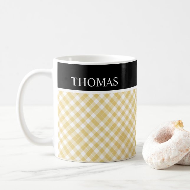 Personalised Yellow White Gingham Custom Name Coffee Mug (With Donut)