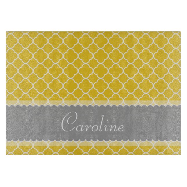 Personalised Yellow White Grey Quatrefoil Pattern Cutting Board (Front)