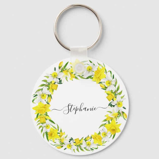 Personalised Yellow White Spring Daffodils Garland Key Ring (Front)