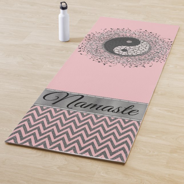 Personalised Yin Yang Chevron Pink Silver Glitter Yoga Mat (In Situ)