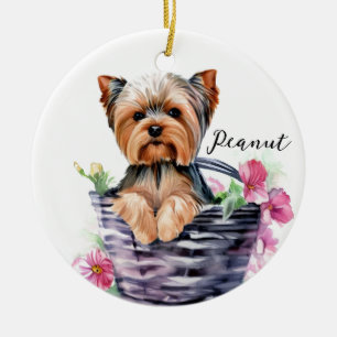 Personalised Yorkie in the Basket Watercolor Art Ceramic Tree Decoration
