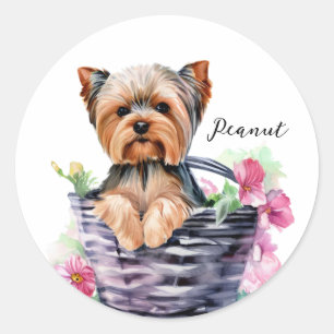 Personalised Yorkie in the Basket Watercolor Art Classic Round Sticker
