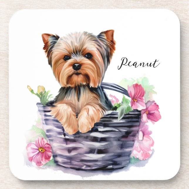 Personalised Yorkie in the Basket Watercolor Art Coaster (Front)
