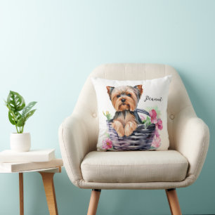 Personalised Yorkie in the Basket Watercolor Art Cushion
