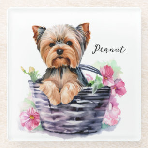 Personalised Yorkie in the Basket Watercolor Art Glass Coaster