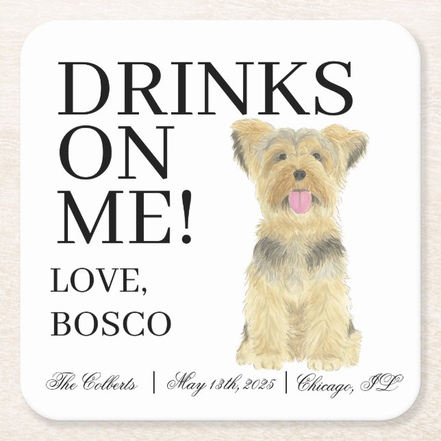 Personalised Yorkie Yorkshire Terrier Wedding Square Paper Coaster (Front)